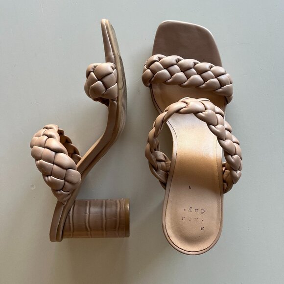Tan Braided Mule Chunky Heels - Picture 1 of 5